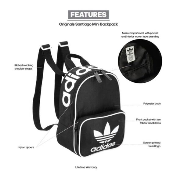 NWOT Adidas Originals Women's Santiago Mini Backpack Black & White 35L - Picture 11 of 12
